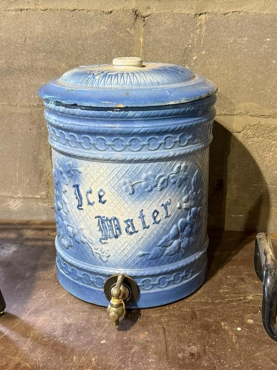 Stoneware Ice Water Cooler, Embossed Blue / Gray w/ Chain Link Bands, VG Condition w/ Minor Chips on Lid, 16in H