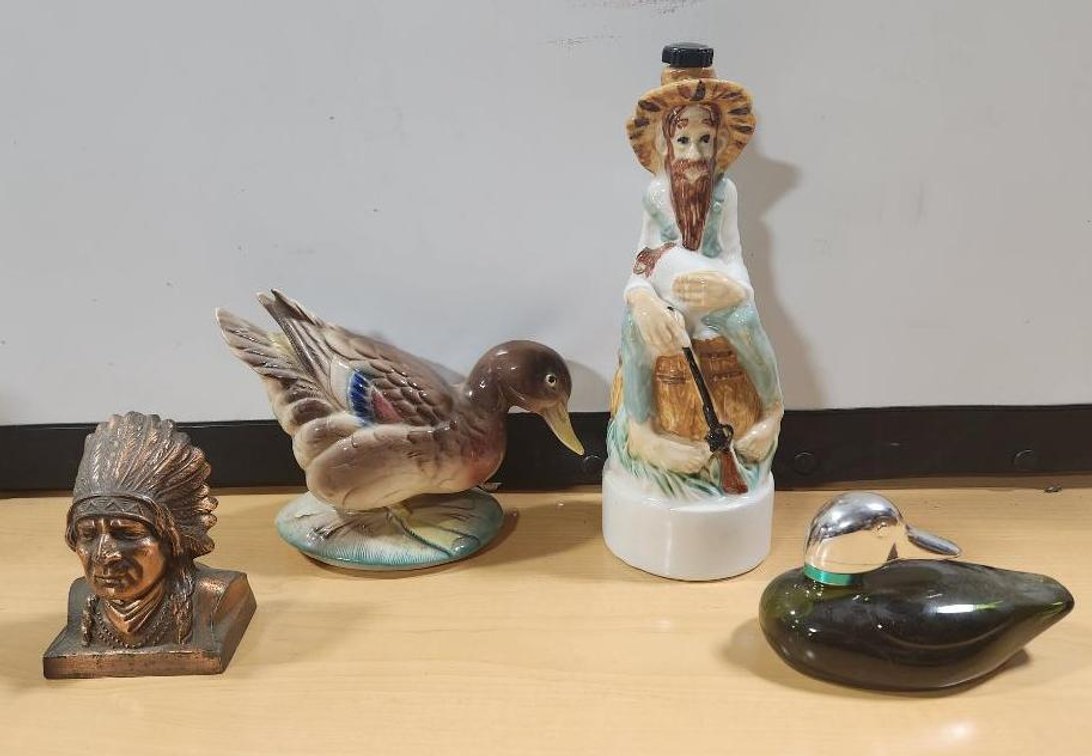 Panthrico, Inc Chicago Native Indian Chief Still Bank, Figural Duck and Decanters