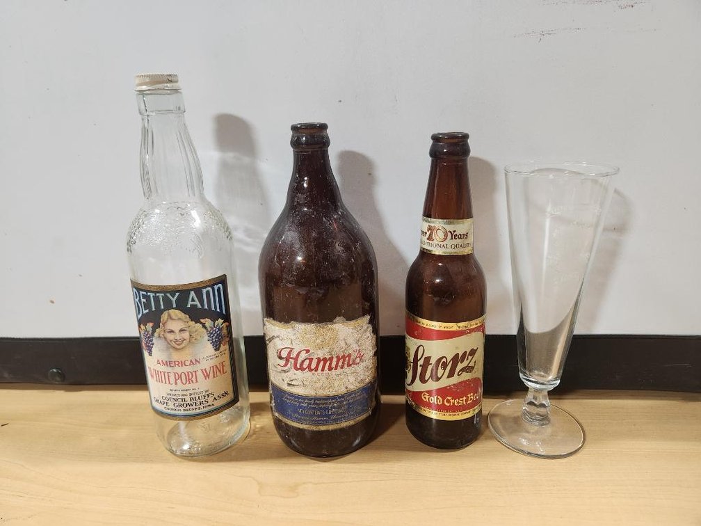 Vintage Council Bluffs, IA Betty Ann Port Wine Bottle, Storz Beer Glass, Storz & Hamm's Beer Bottles