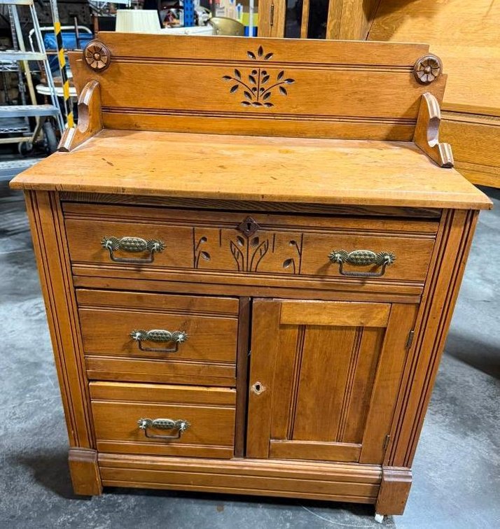 Antique Oak Eastlake Wash Stand or Commode Cabinet w/ Three Drawers and Door