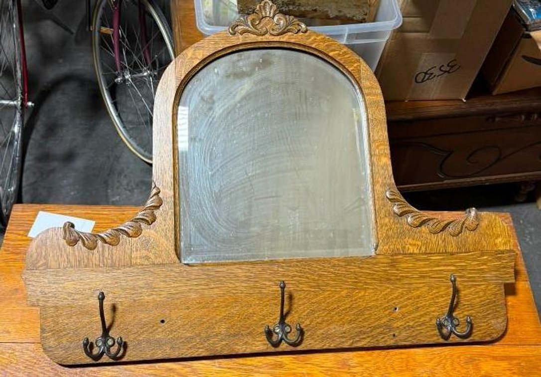 Antique Oak Wall-Mount Mirror w/ Coat Rack Hooks