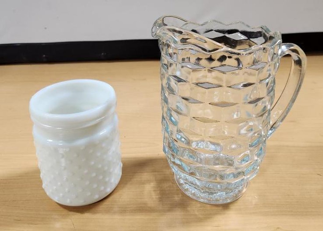 Glass Beverage Pitcher and Milk Glass Jar