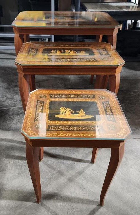 Set of Three Ornate Oriental Nesting Tables w/ Inlaid Table Tops and Glass Toppers