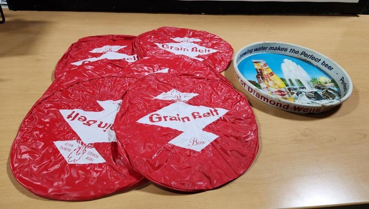 NOS Grain Belt Beer Bar Stool Covers and Grain Belt Beer Advertising Tray