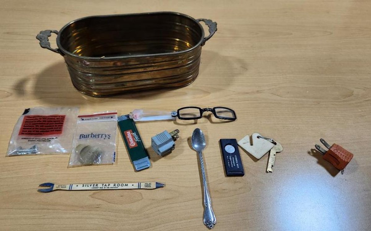 Group of Collectibles, Silver Tap Room Stirrer, Burberry's Buttons, Spoon, Cigar Cutter, Glasses, Small Tub