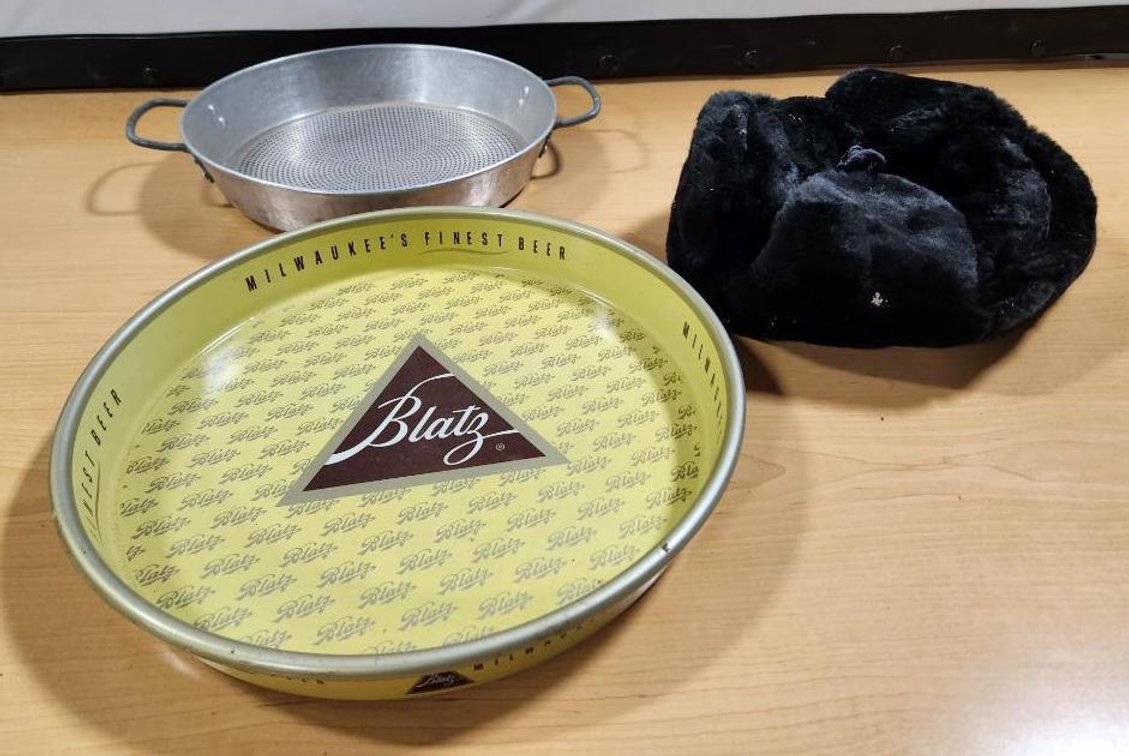 Blatz Beer Advertising Beer Tray, Fur Hat, Two-Handled Tray