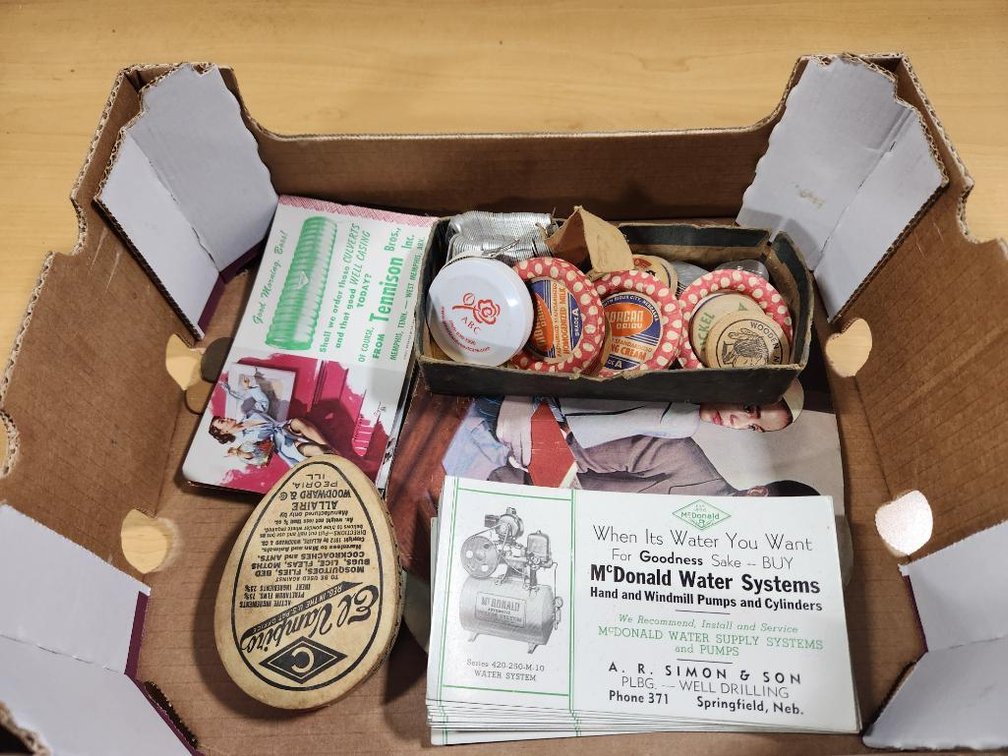 Vintage Paper and Cardboard Advertising, Milk Bottle Caps, Funeral Fans