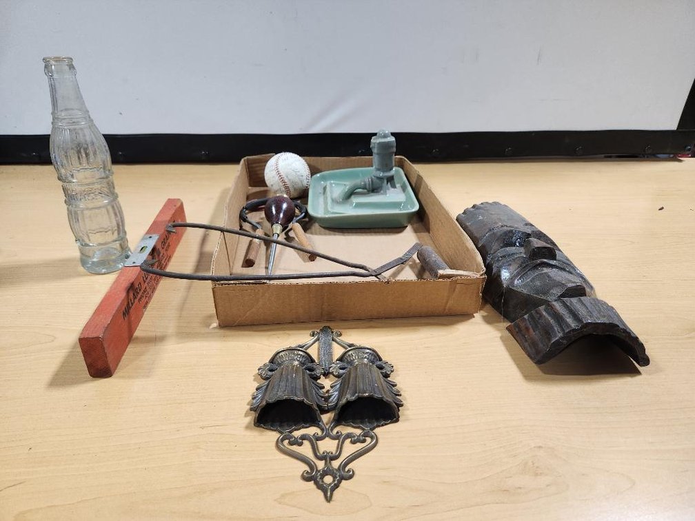 Various Collectibles, Miller Lumber Level, Sock Darner, Jar Opener, African Wood Mask, Ashtray