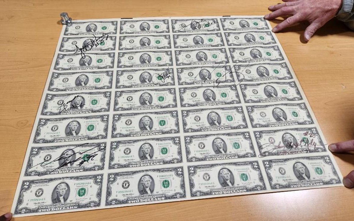 Uncut Sheet of 1995 Two Dollar Bills, 32 Bills, Signed by Famous Nebraska Cornhusker Football Alumns