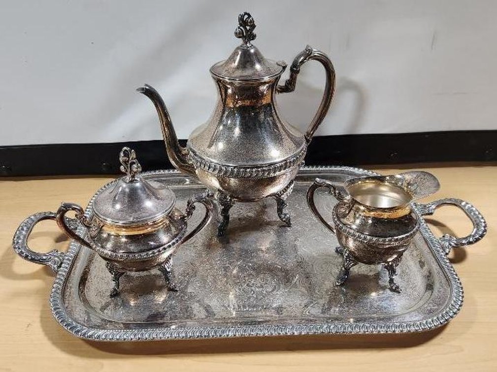 Silver Plated Tea / Coffee Service Set, Tray, Sugar, Creamer and Pitcher