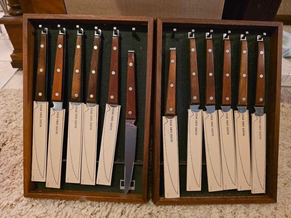 Lot of 2 EKCO Flint Classic Mid-Century Steak Knife Sets in Wall Mount Display Case