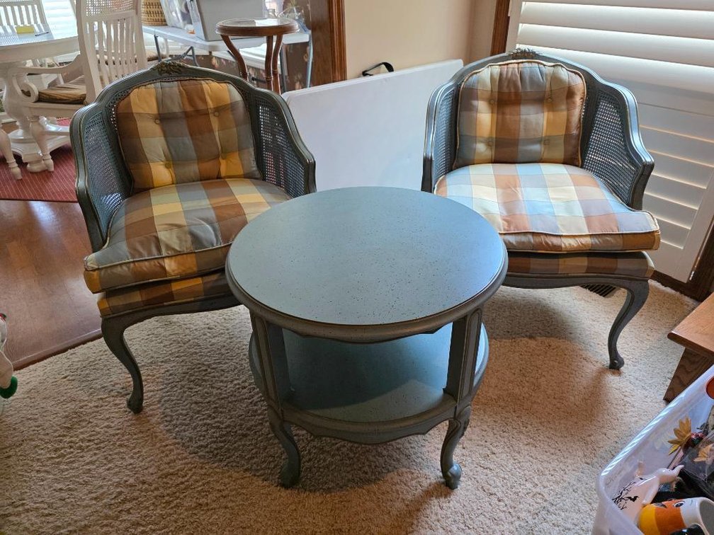 Louis XV Style Plaid Caned Arm Chairs & Side Table 
