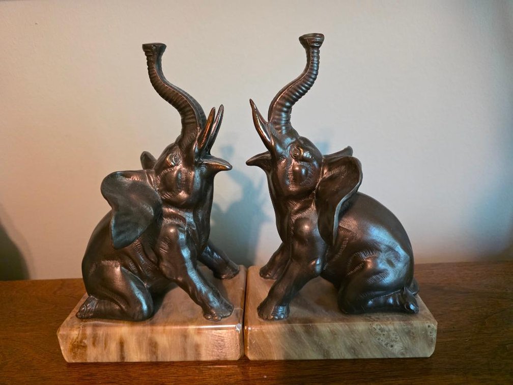 Bronze Elephant on Marble Base Bookends 
