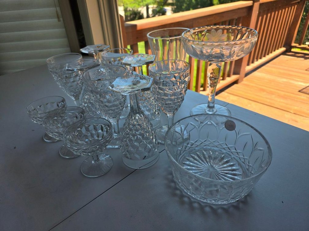 Group of Glassware - Fostoria American Cubist, Crystal Bowl, Dune Vase & Pedestal Candy Dish