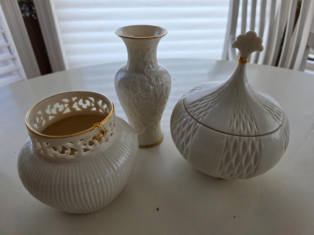 Lot of 3 Vintage Lenox 24K Gold Rim Tracery Vase & Harlequin Jar