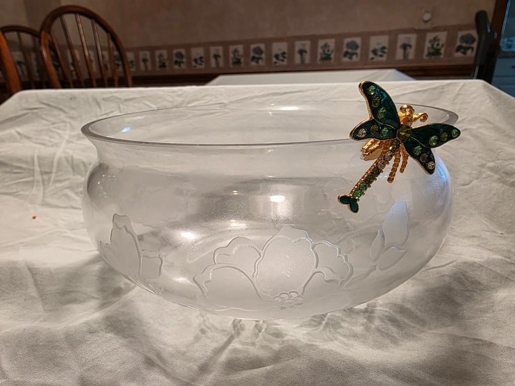 Arthur Court Style Glass Bowl with Green Dragonfly Clip