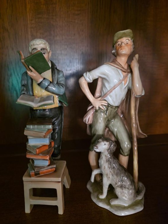 Lot of 2 Bavaria Porcelain Figurines Alka Kunst Shepherd and Dog #437 & AK Kaiser #448 Librarian