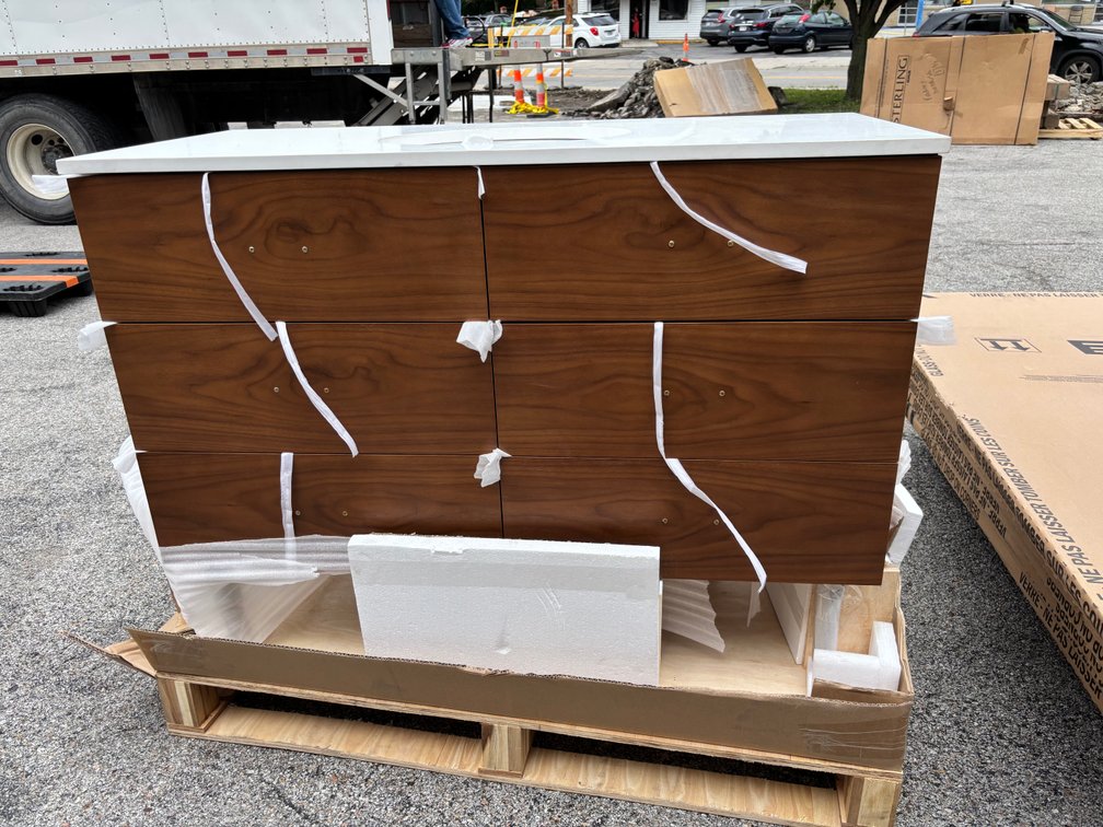 48in x 22in x 36in High Six-Drawer Vanity Cabinet (Sink Top has Small Hairline Crack), Drawer Pulls Included, New / As-Is