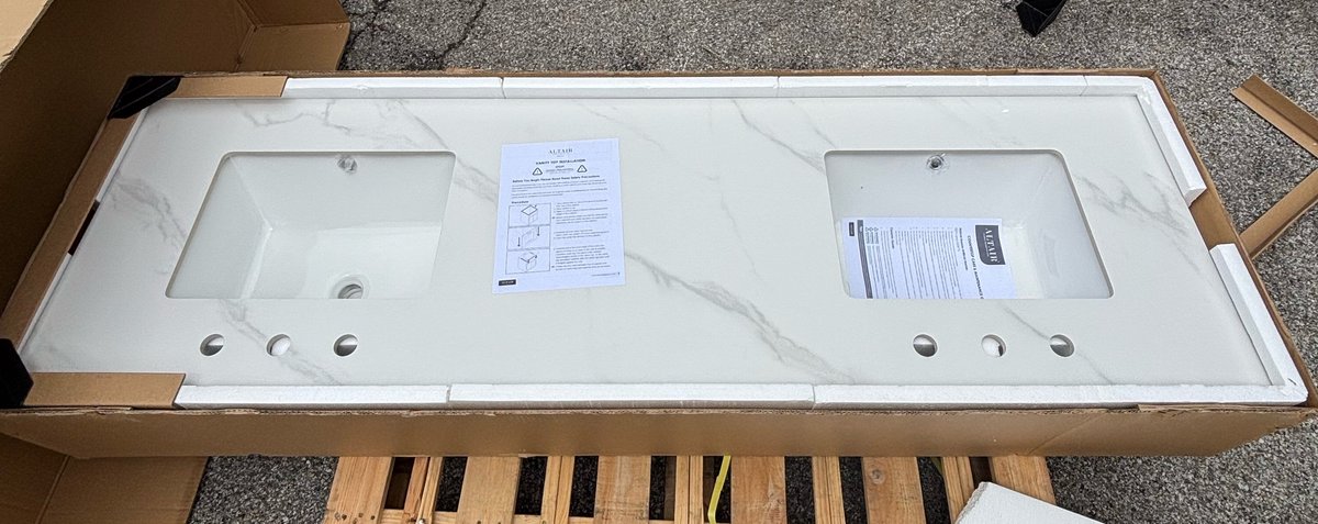 Dual Sink Vanity Top, 73in x 22in x 7.8in, 106lbs, Color: Calacatta White