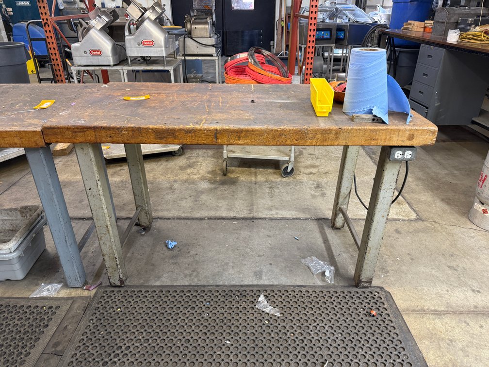 Industrial Work Table, Solid Wood Top, Steel Frame, 60in x 30in x 36in H