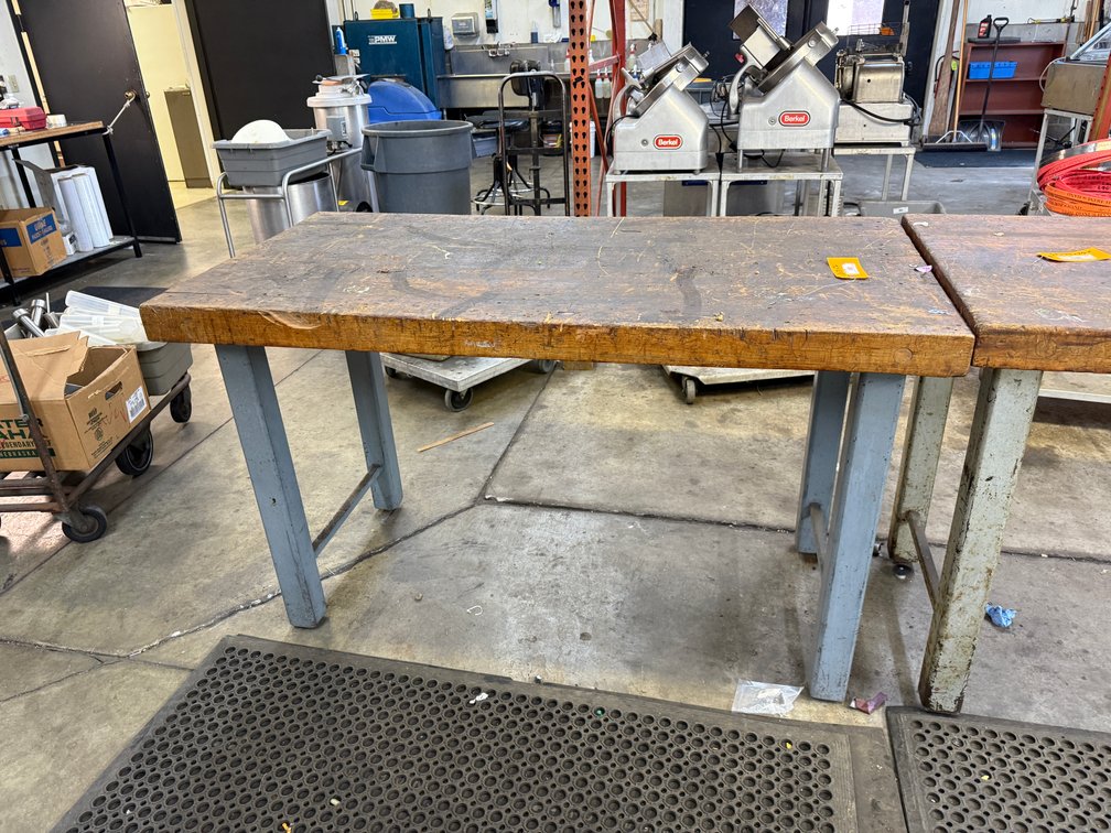 Industrial Work Table, Solid Wood Top, Steel Frame, 60in x 30in x 36in H