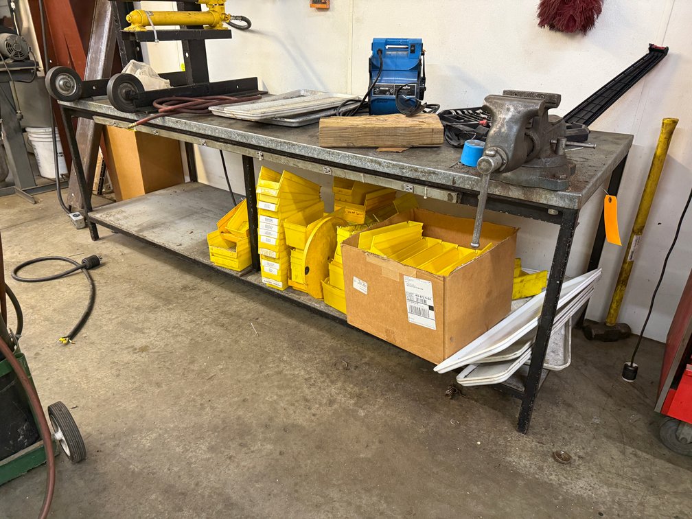 HD Steel Framed Metal Top Work Table, 8ft x 29in x 30in H w/ 5in Jaw Vise
