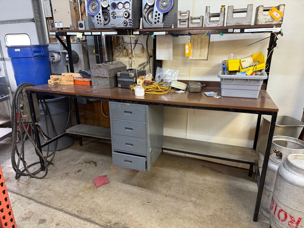 2-Tier Shop Work Station, Center Drawer Unit, Top Shelf, 8ft x 30in D x 41in H w/ 24in Riser