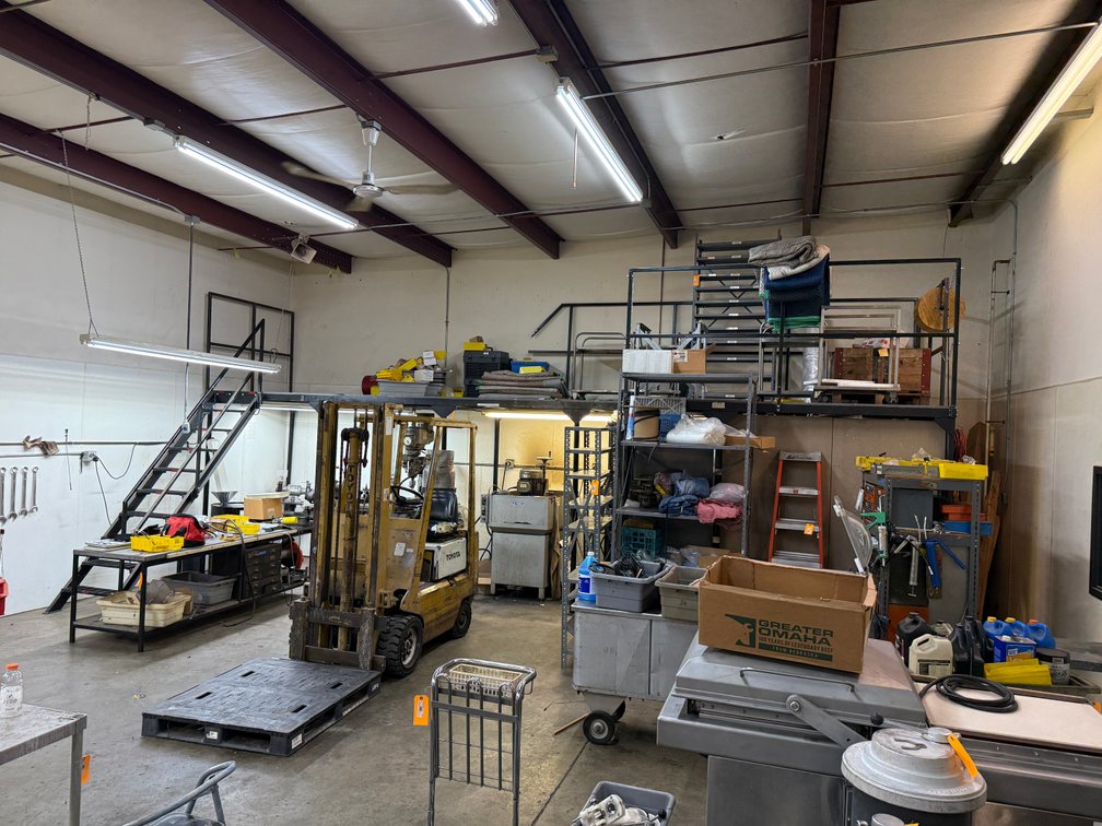 Mezzanine Steel Structure w/ Wide Staircase, Deck Approx. 26ft x 6ft, 89in H, Buyer to Remove