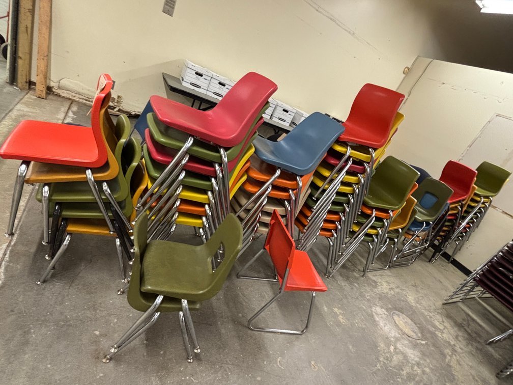 Lot of 50+ School Chairs, 3 Sizes, Stacking