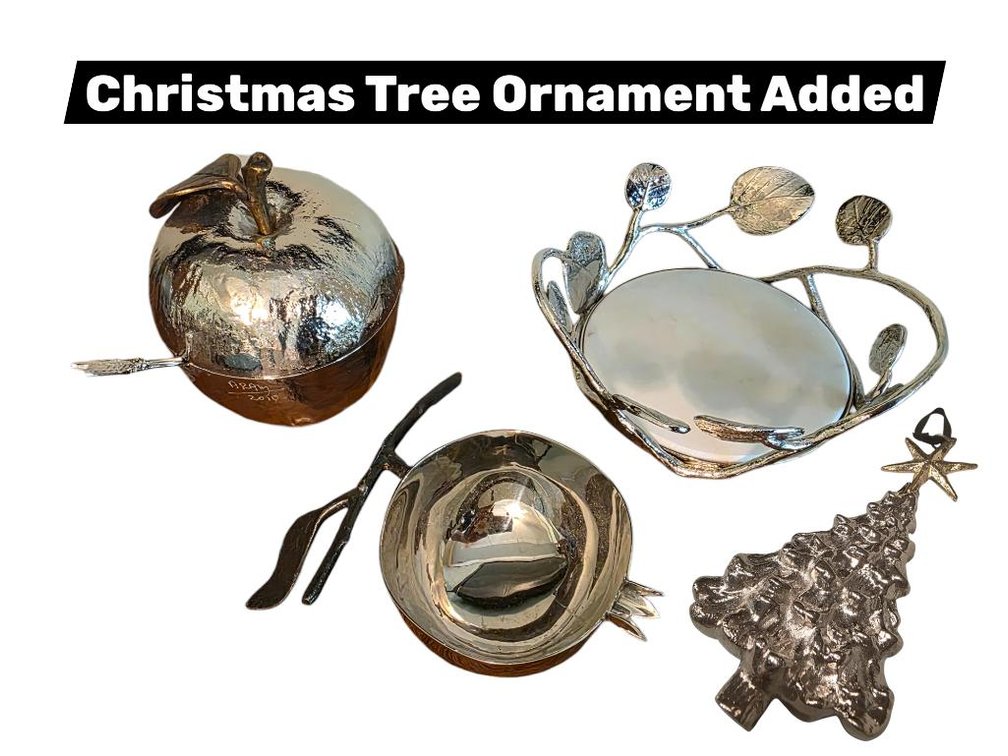 Lot of 4 Michael Aram Nickel Plated Honey Pot / Sugar Bowl, Wine Coaster, Christmas Tree & Spoon Rest