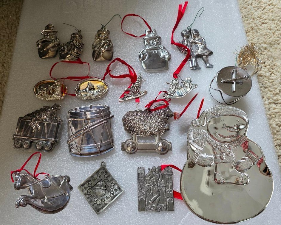 Fancy Silver Ornaments & Gorham Snowman Dish - Vintage Disney Sterling Silver, Williamsburg Kirk