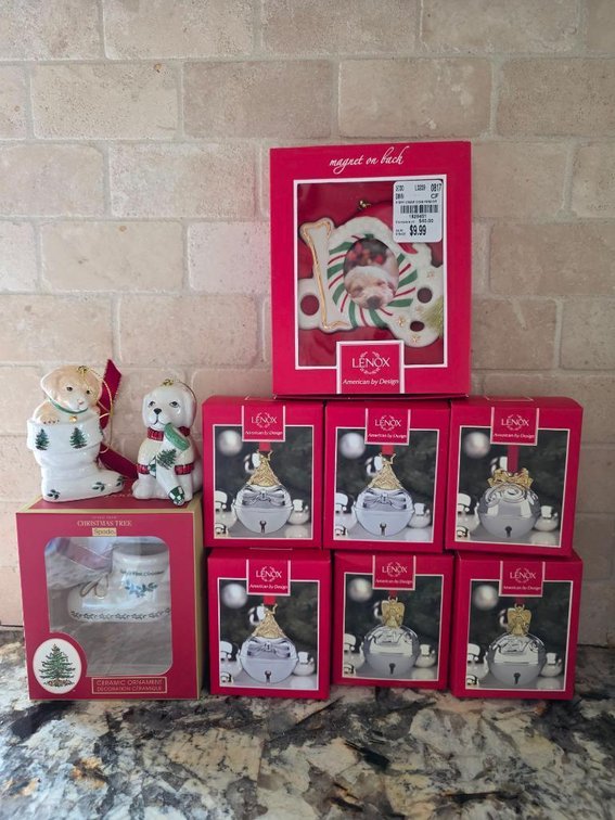 Lenox Just Jingles Silver Bells, Dog Frame & Spode Ceramic Christmas Ornaments