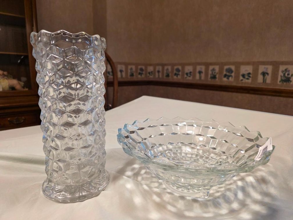 Lot of 2 Fostoria American Cubist 10" Footed Fruit Bowl & 10" Vase