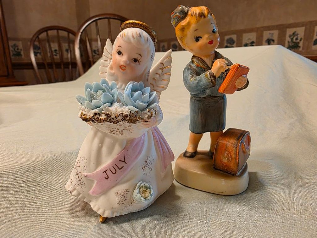 Lot of 2 Lefton Made in Japan Porcelain Figurines - #3332 July Angel & #050 Stewardess
