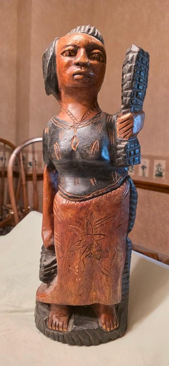 Hand Carved Wood Statue of Woman Carrying Basket