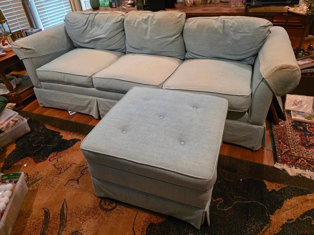 3-Person Sky Blue Denim Couch w/ Ottoman