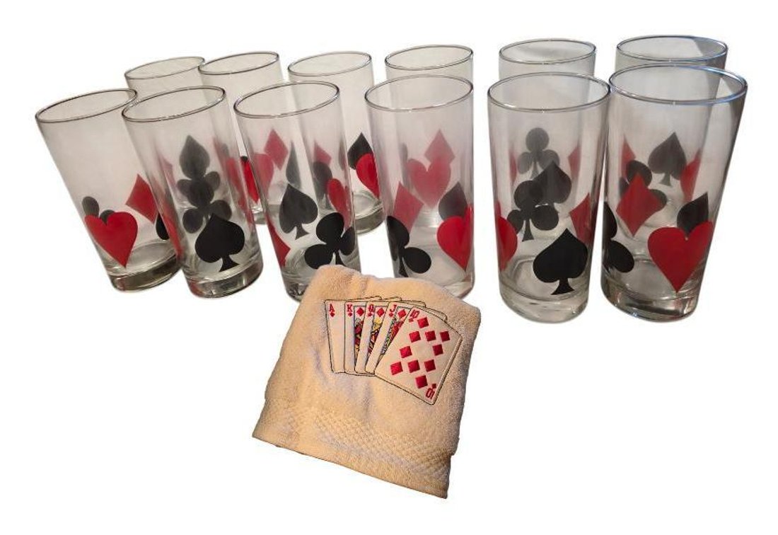 (12) Vintage Libbey Playing Card Themed 15oz Highball Glasses & Hand Towel