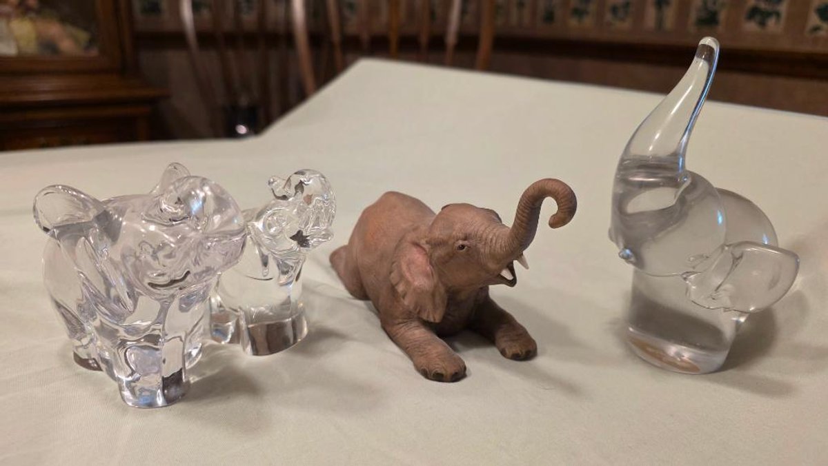 Lot of 3 Elephant Statues - Steuben Crystals & Aynsley Baby Bull Elephant