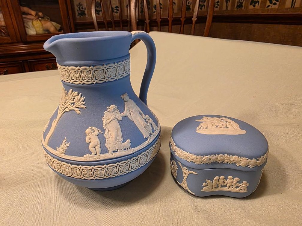 Lot of 2 Wedgwood Blue Jasperware Pitcher Jug & Trinket Box