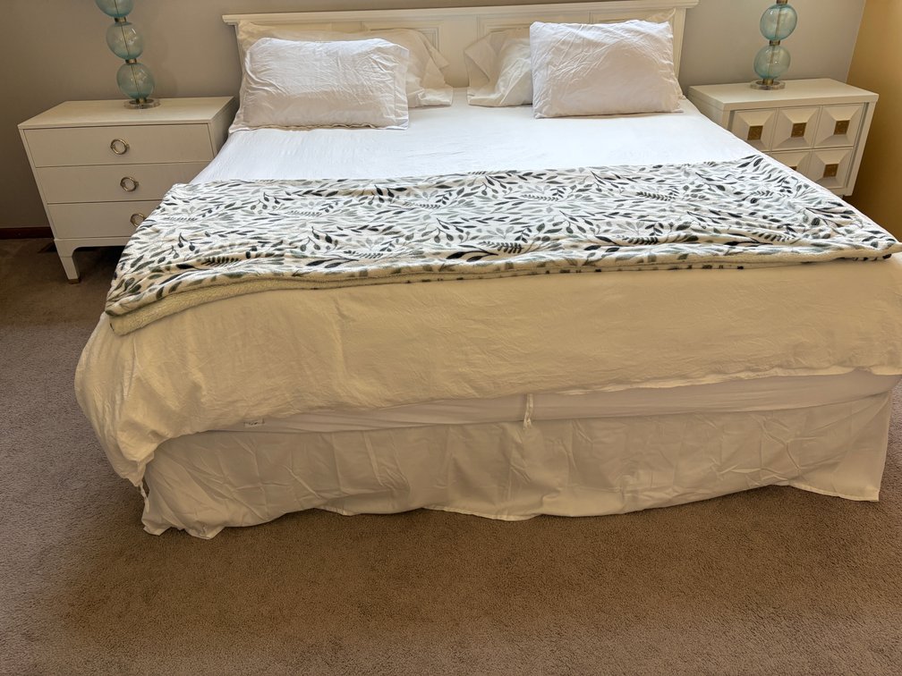 Queen Size Bed, Box Spring, Mattress, Bedding and Two Lane Night Stands & Art