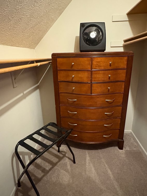 Vintage Chest of Drawers, Vornado Fan, Mirror and Luggage Rack