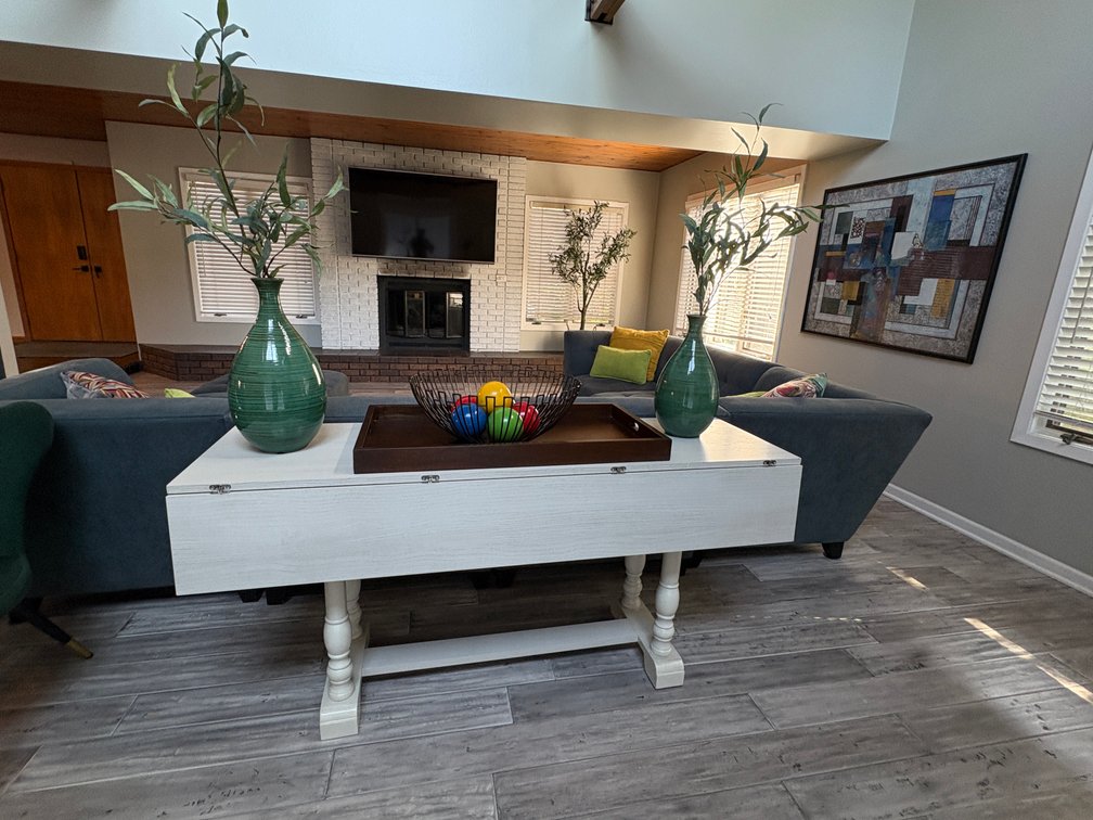 Distressed Style Sofa Table w/ Drop-Leaf, Vases, Tray and Decoratives