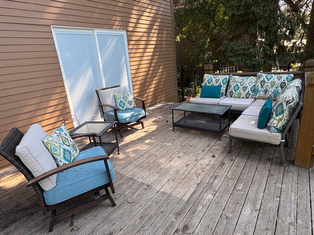 Patio Furniture Set, L-Shaped Seating, Two Tables, Two Chairs & Trash Can