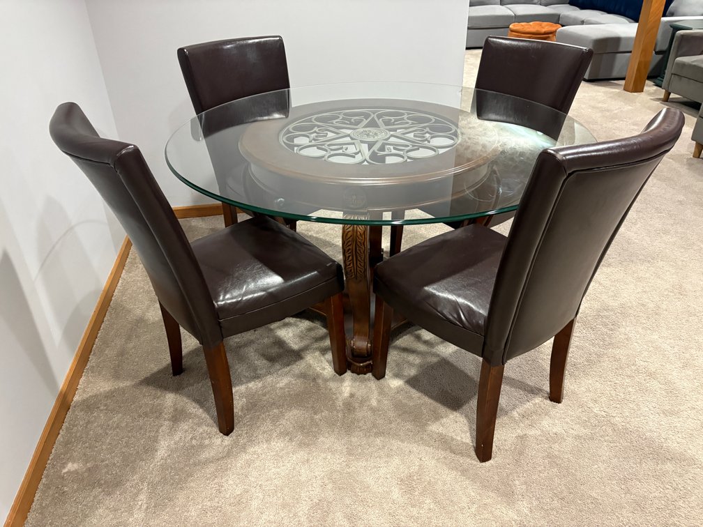 Ornate Glass Top Solid Wood Table w/ Four Matching Chairs