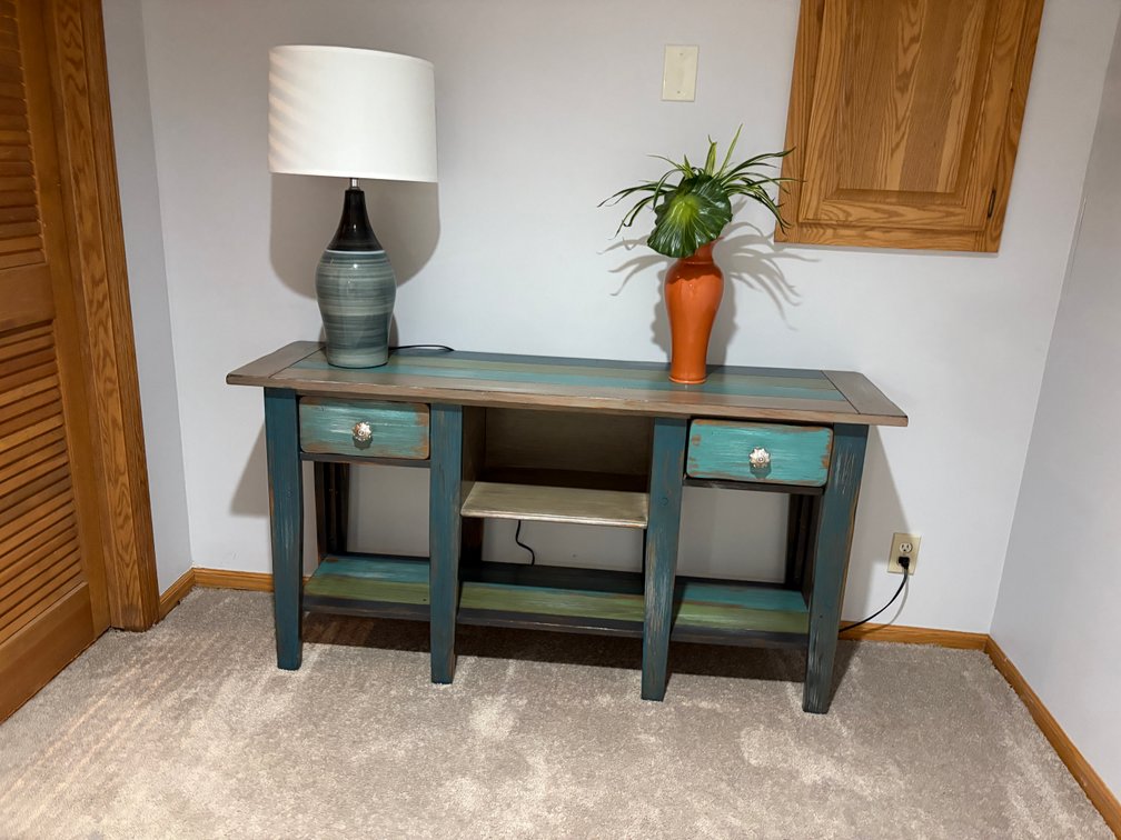 Distressed Wood Table w/ Drawers and Shelves, Lamp and Vase