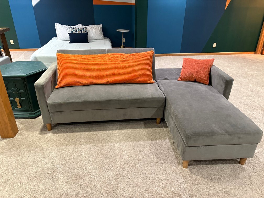 Futon, L-Shaped w/ Pillows and Storage Inside
