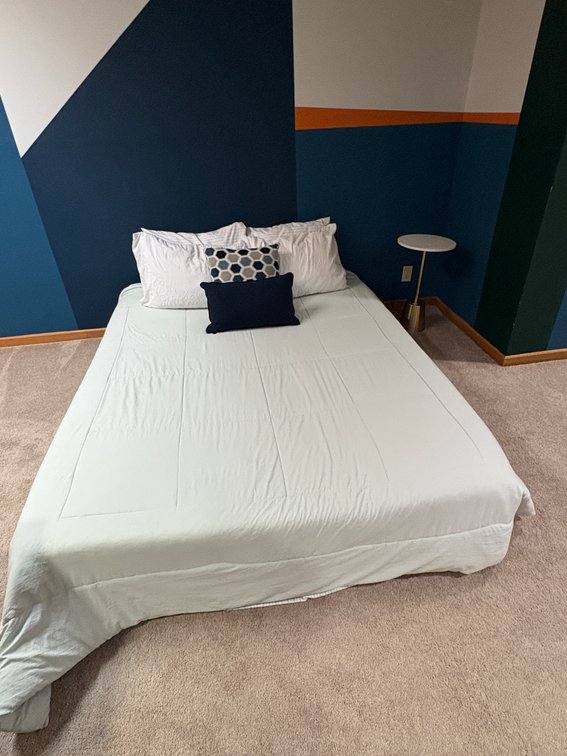 Queen Size Bed w/ Mattress, Box Spring, Frame, Bedding and Side Table