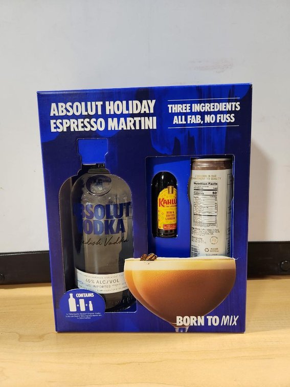 Absolut Holiday Espresso Martini Set, 750ml of Absolut Vodka, w/ Small Kahlua Bottle & Owen's Nitro Espresso