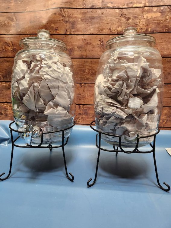 Glass Drink Dispensers, One Missing Spigot, ea. has the Wire Rack & Lid