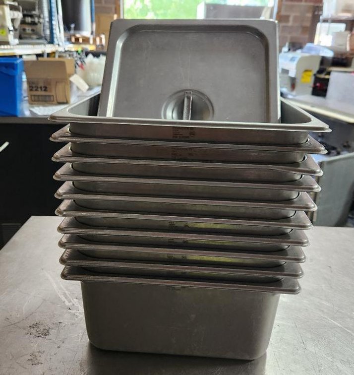 Lot of 10, 1/2-Size Steam Pans w/ 8 Lids, One Bid for All